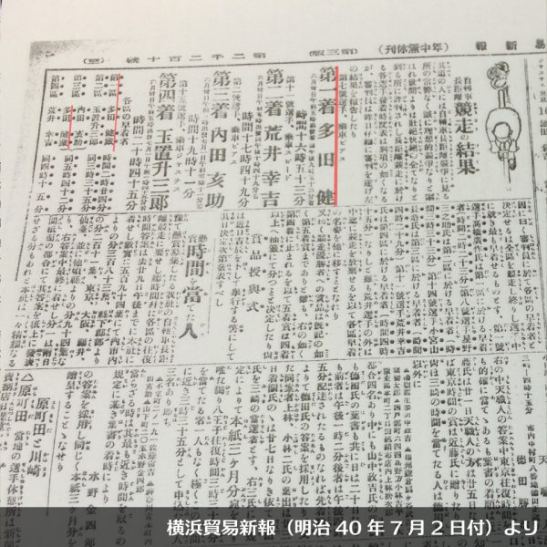 自転車長距離競争の結果を報じる「横浜貿易新報」（明治40年7月2日付）